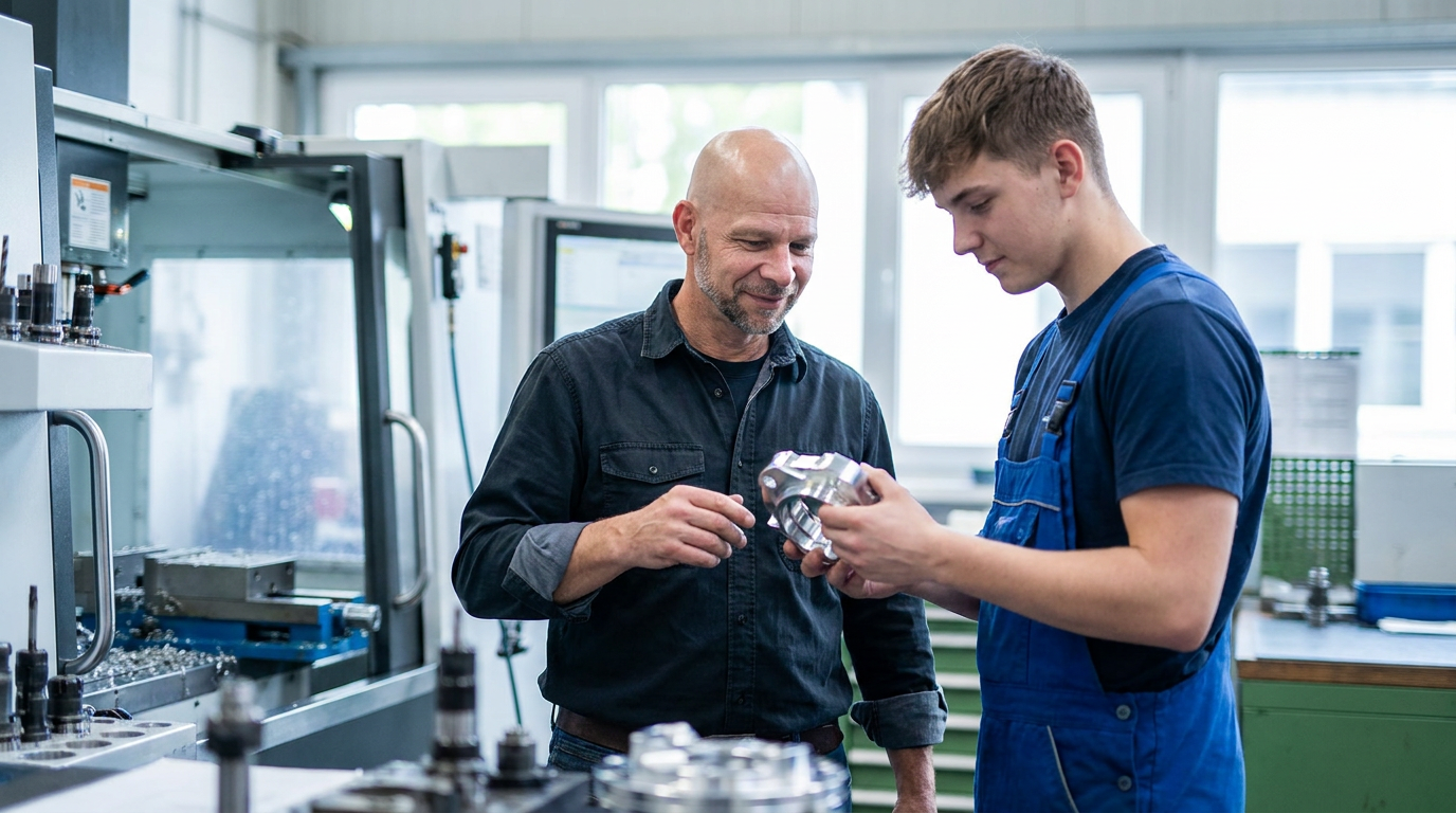 Sascha Friedrich mit einer Fachkraft an der CNC-Maschine